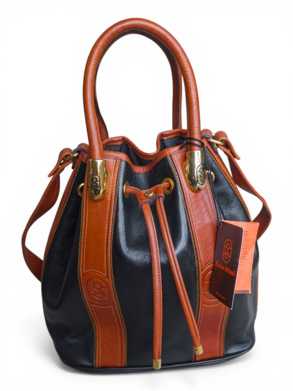 Marino Orlandi Italian Leather Bucket Bag NWT, Black & Brown, Gold Hardware